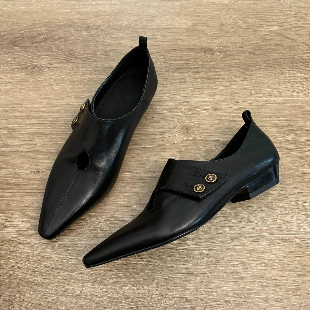 法式复古尖头单鞋女英伦风乐福鞋2025新款黑色软皮时尚粗跟小皮鞋