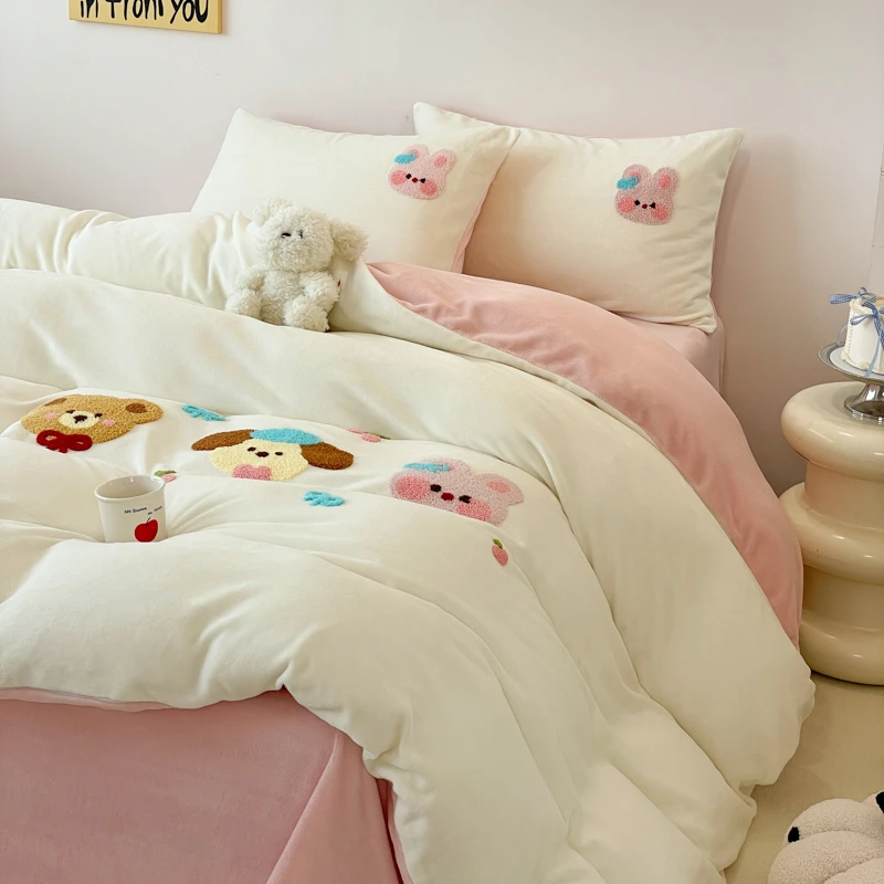 牛奶绒毛巾绣四件套床上卡通冬季加绒被套学生宿舍床单床笠三件套