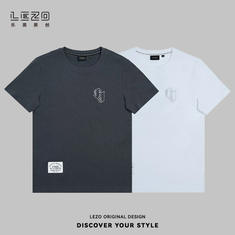 LEZO乐周原创 夏季男士休闲圆领短袖休闲版T恤924201734 白色深灰