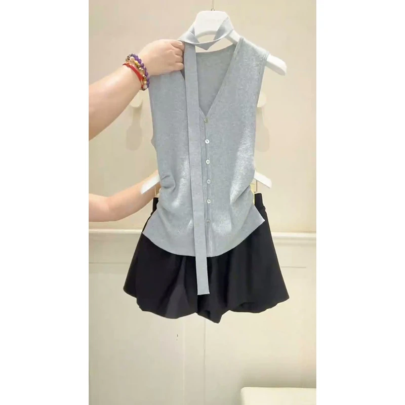 复古极简风两件套洋气小众针织马甲上衣女黑色半身裙裤时尚套装夏