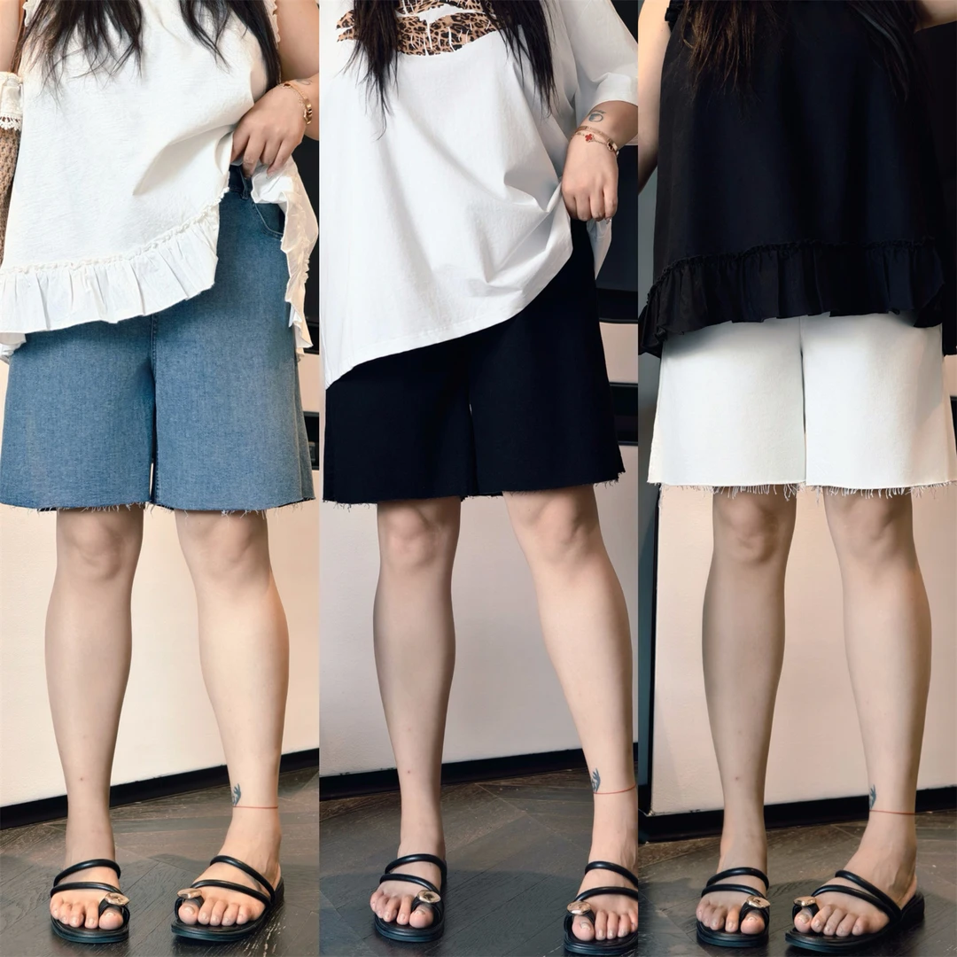大码女装时尚简约基础款花契200斤胖mm夏款弹力五分牛仔短裤4306