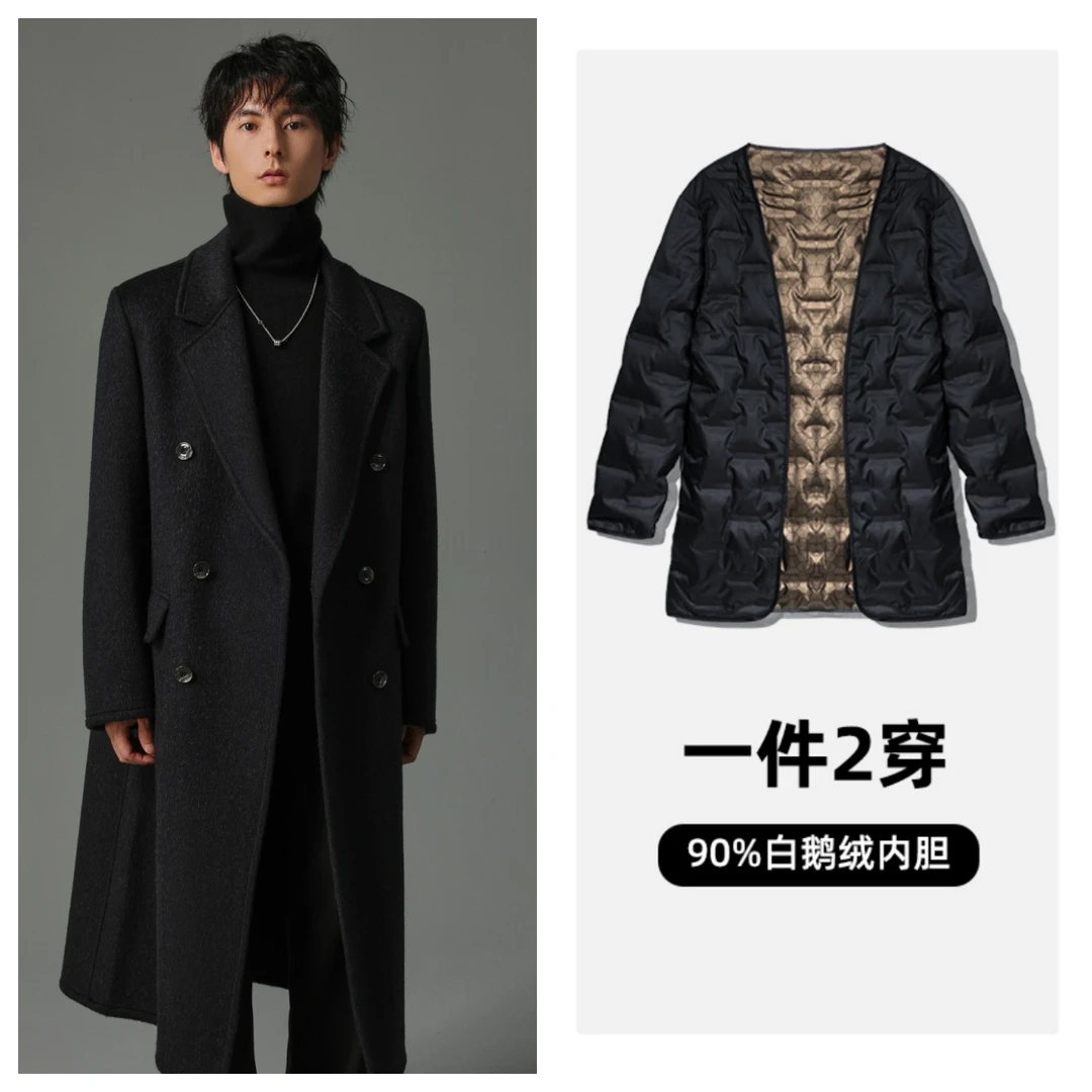 【70%双面绵羊毛大衣】秋冬男装过膝长款加厚休闲双排扣宽松外套01