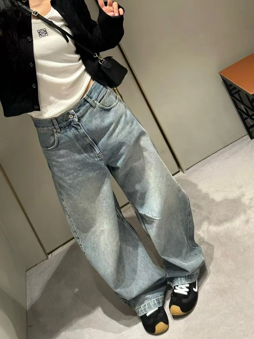 MM欧韩精品秋冬新款蓝色阔腿水洗弯刀复古高腰显瘦宽松直筒牛仔裤