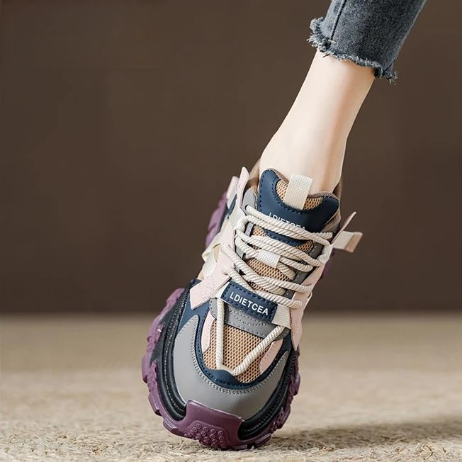 纪诗哲女鞋轻便厚底内增高老爹鞋女透气网面拼色潮流休闲运动鞋