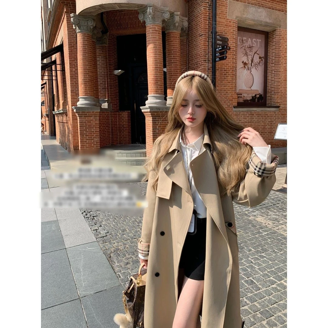2025年秋季新款格纹拼接双排扣风衣外套女小个子中长款风衣外套潮