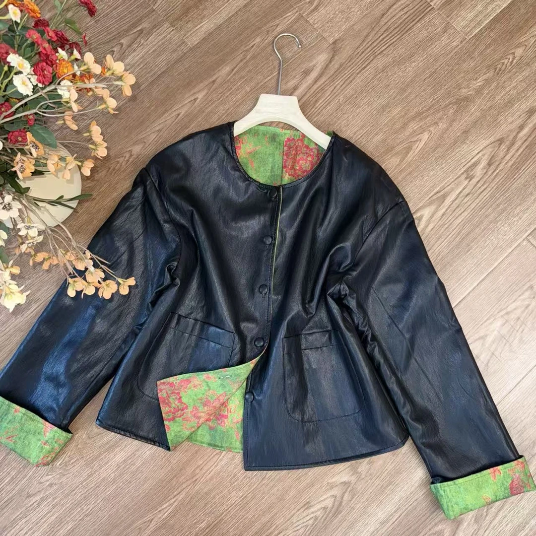 【大季原创】Z906秋季新中式宽松时尚双面穿皮外套女国风复古女装