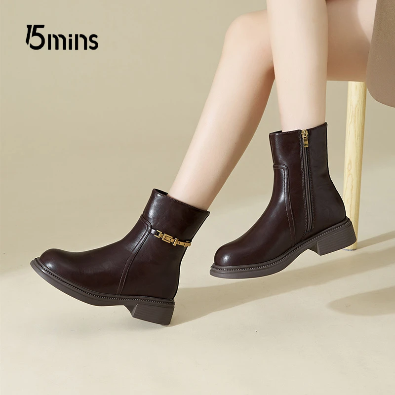 15MINS/15分钟靴子女粗跟时尚短靴2025年新款配裙子马丁靴瘦瘦靴