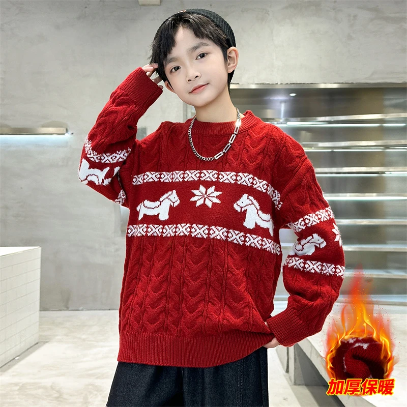 男童冬季加厚红色毛衣2026新款儿童中大童本命新年秋冬款拜年衣服