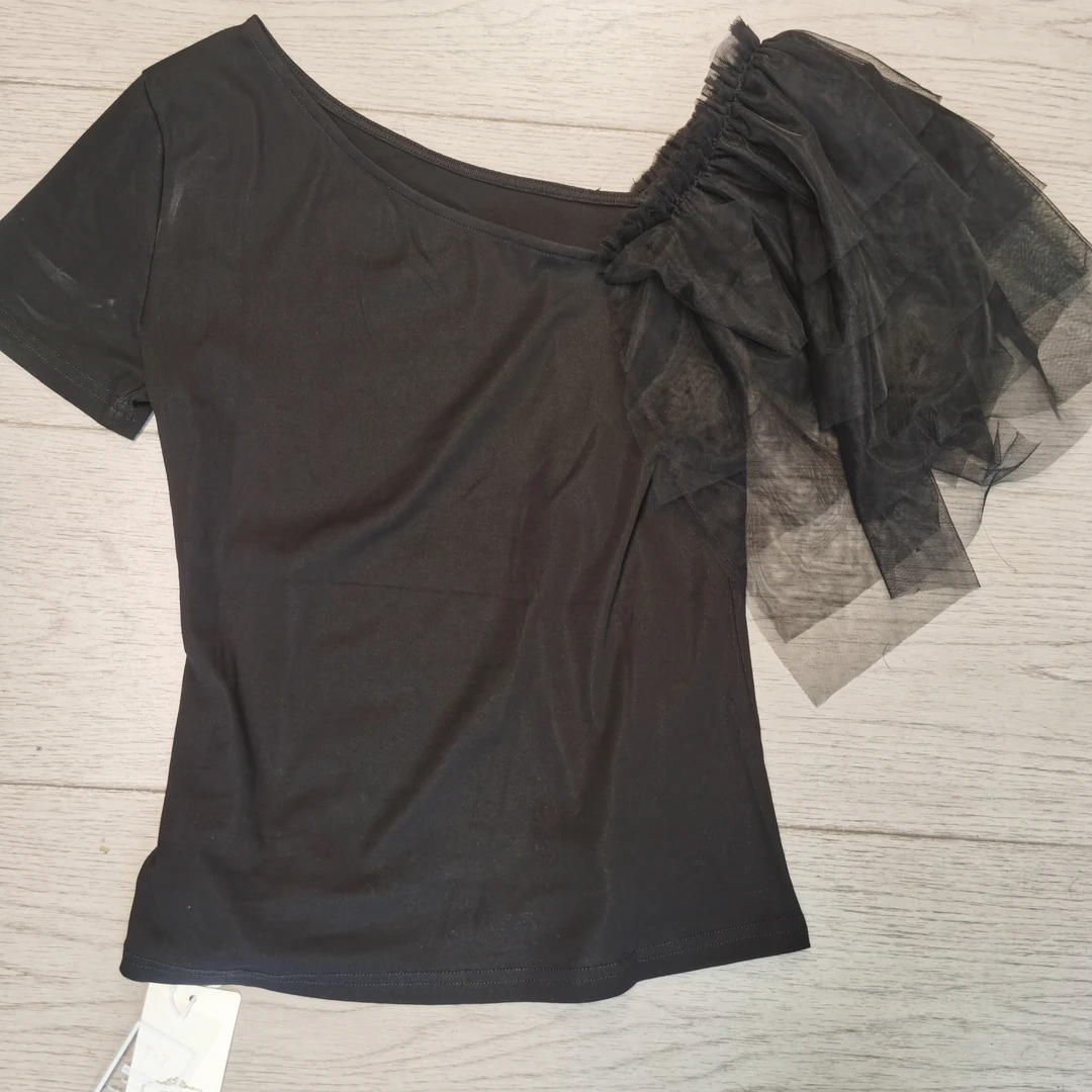 飞飞袖蕾丝修身型常规短袖T恤纯色女士清冷新中式