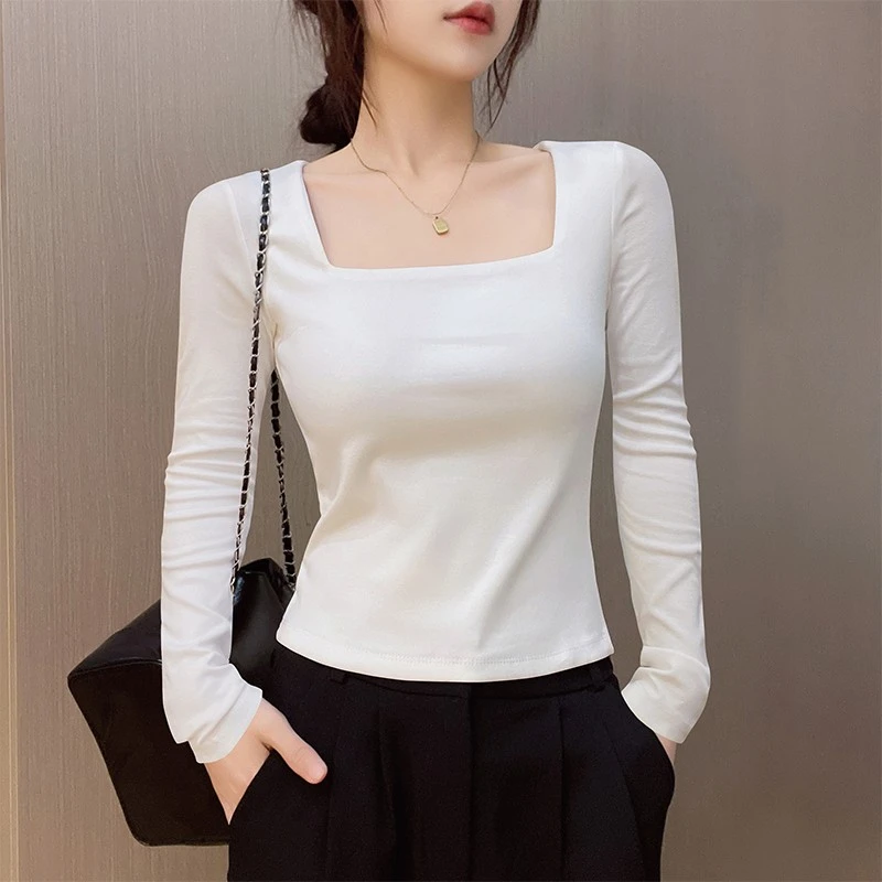 白色法式方领长袖T恤女内搭秋季新款纯棉大领口修身洋气打底上衣
