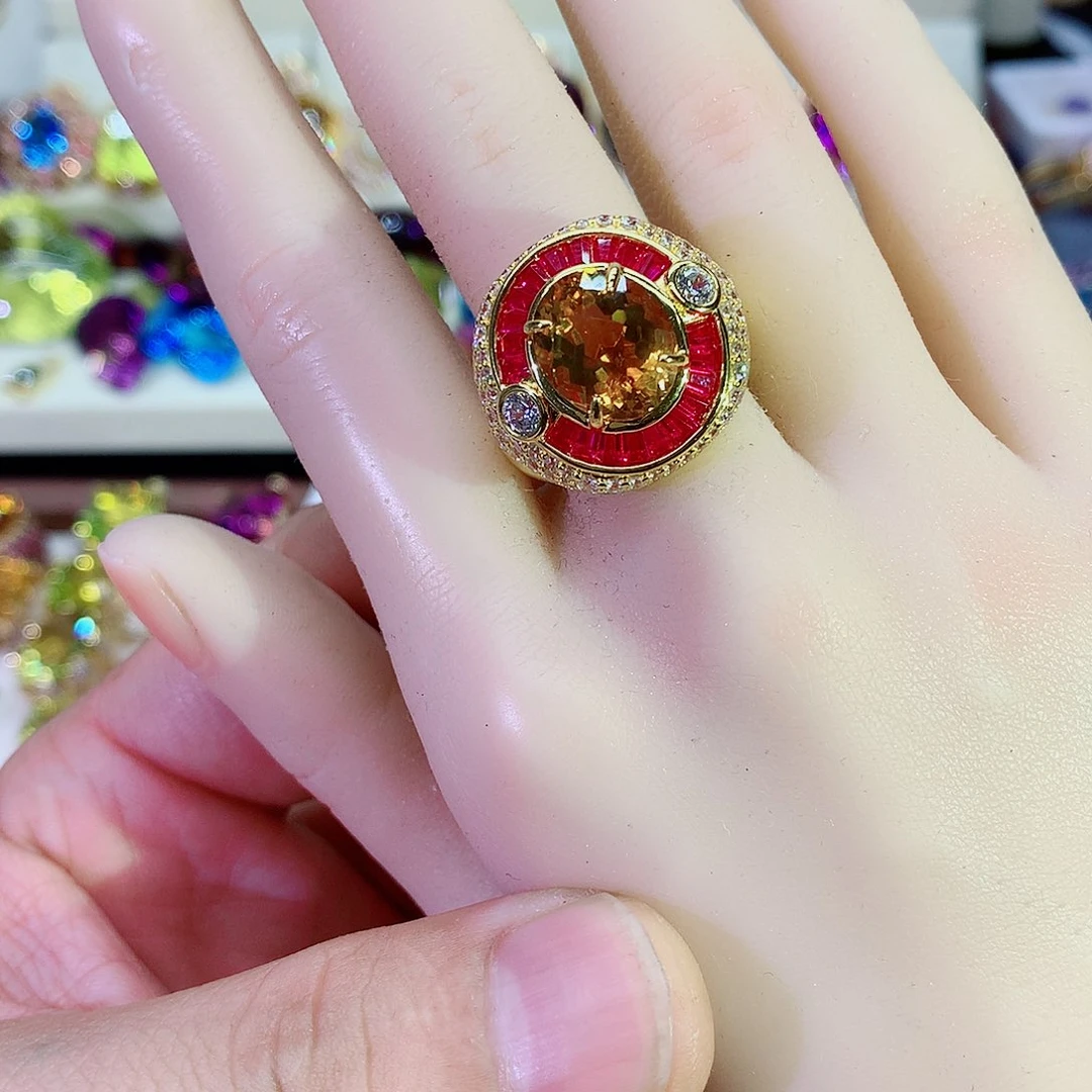 水晶戒指银S925镀金镶嵌