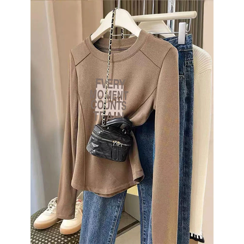 2025新款高级设计德绒鱼骨线条圆领长袖t恤女百搭加厚款保暖上衣