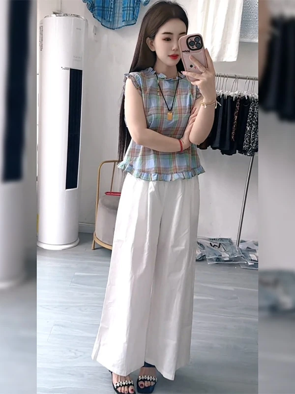 小个子休闲简约气质上衣女2025夏季新款复古百搭木耳边格纹背心女