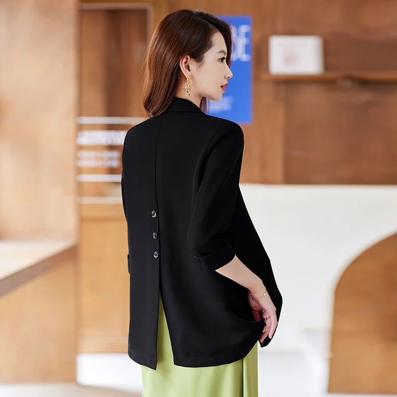 黑色西装外套女后开叉设计感2025夏季新款高级感小个子七分袖西服
