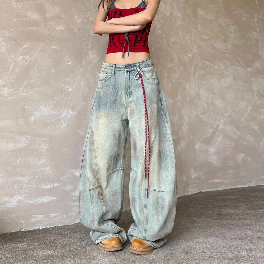 美式复古高街辣妹嘻哈弯刀脏染做旧牛仔裤男女宽松阔腿拼接拖地裤