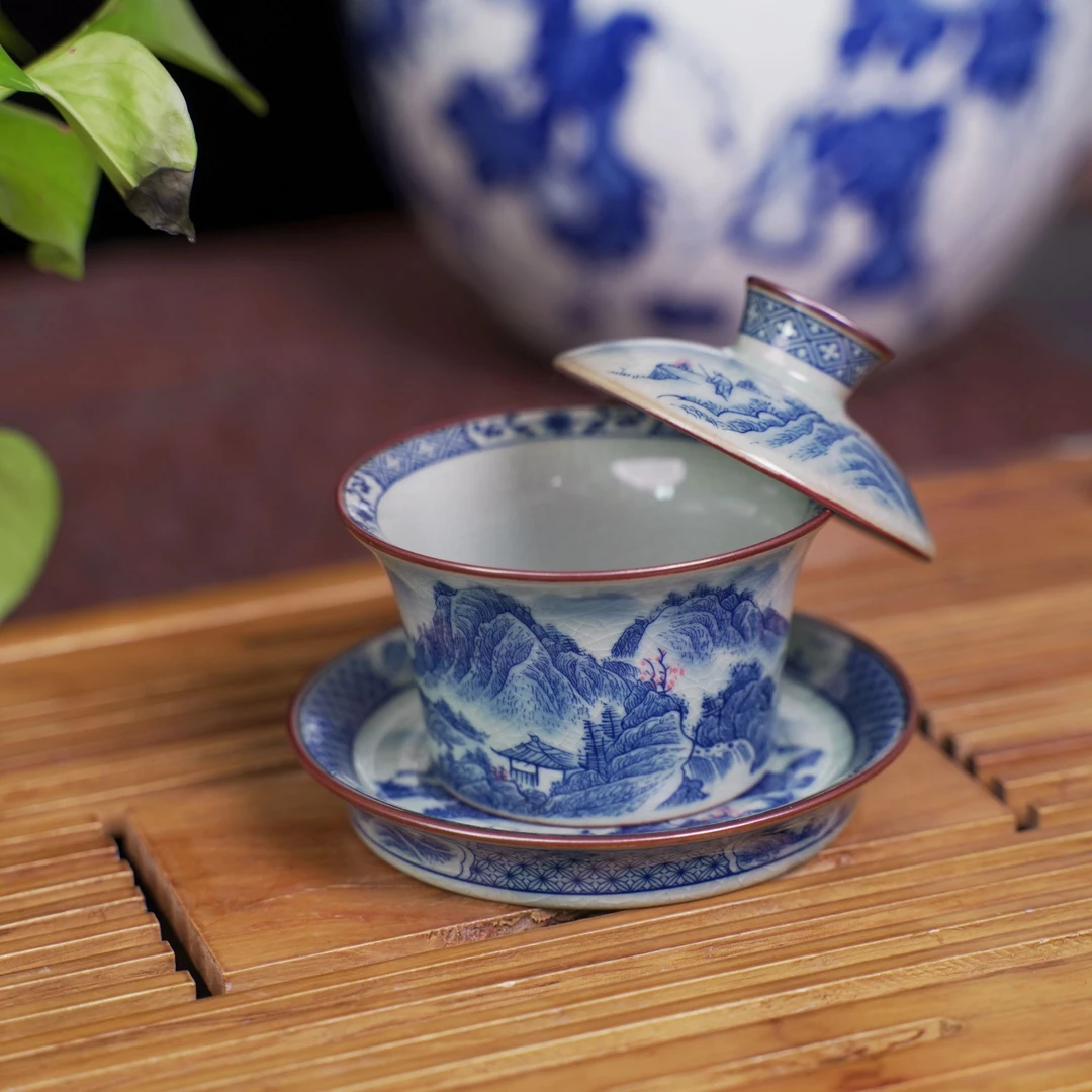 【精品盖碗】景德镇制老陶泥青花瓷釉里红盖碗陶瓷茶杯家用功夫茶具