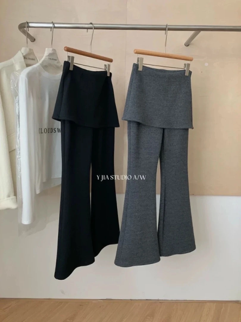 百搭设计感假两件屁帘微喇休闲裤女士春季韩系显瘦高腰长裤