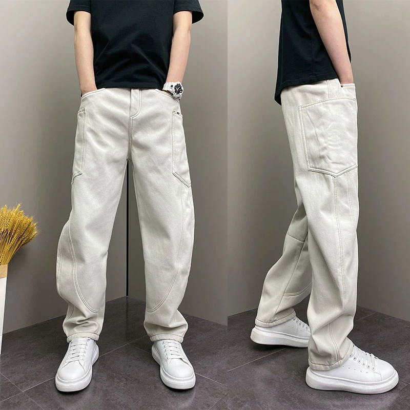潮牌ins个性拼接直筒裤春季简约韩版纯色休闲裤宽松抽绳牛仔长裤