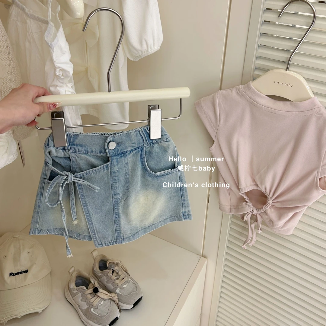 【百搭套装】夏季新品2025童装女童抽绳短袖T恤时髦夏装宝洋气套装