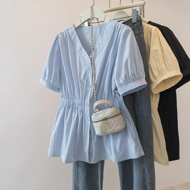 大码女装2025夏季新款时尚休闲收腰褶皱短袖衬衫上衣1735