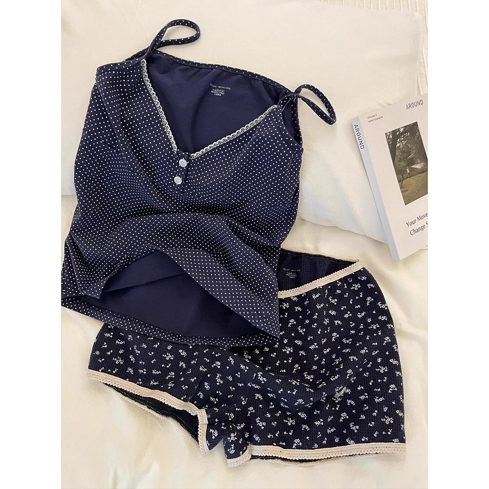 【爆款家居两件套】韩系气质修身碎花睡衣女夏季舒适短裤居家服套装