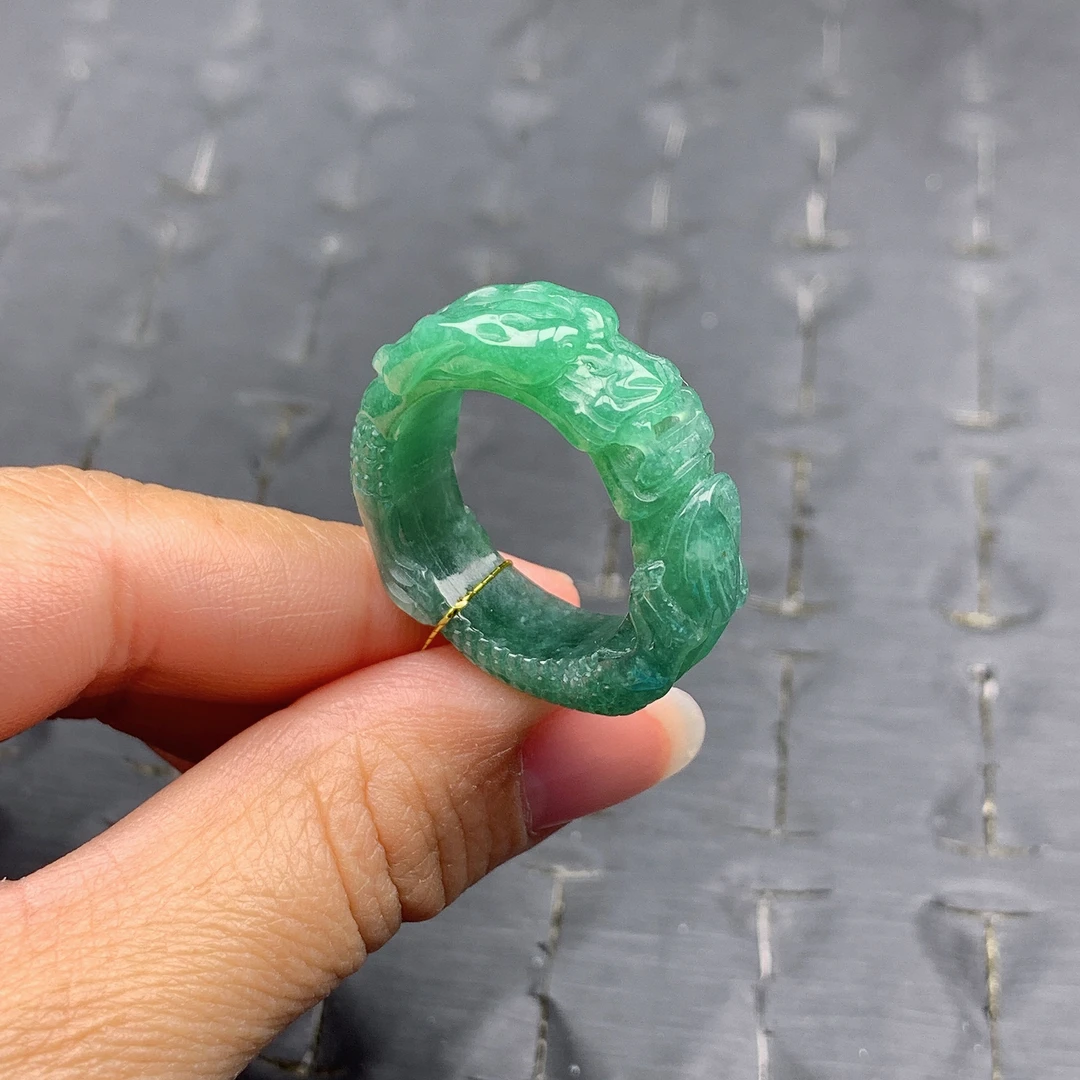 24号天然A货翡翠T591 内径20.7/9.5/7.6mm 墨绿龙戒龙扳指