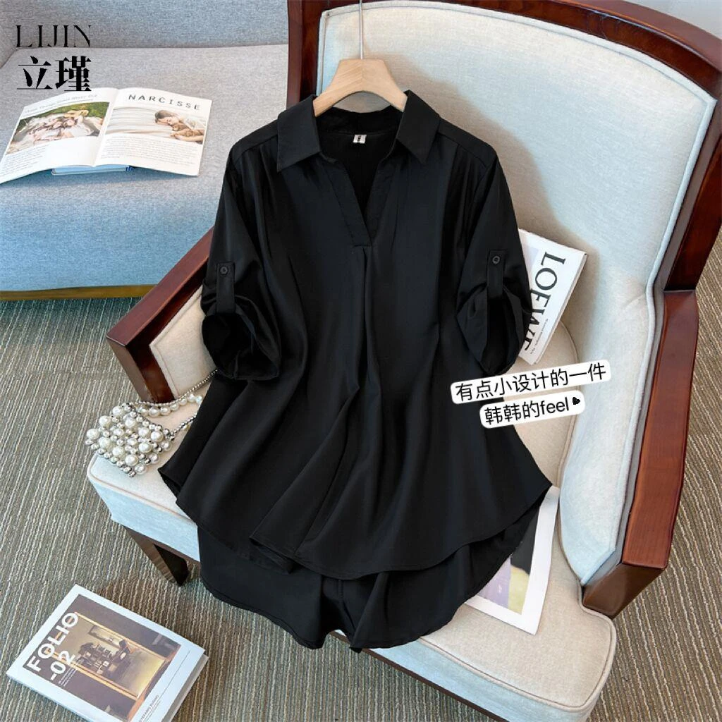 不规则中长款雪纺短袖衬衫女夏季大码胖mm宽松休闲修身蕾丝打底衫