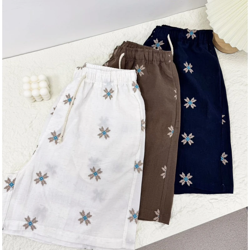 005【夏季新款】亚麻满身重工刺绣抽绳短裤（28097）