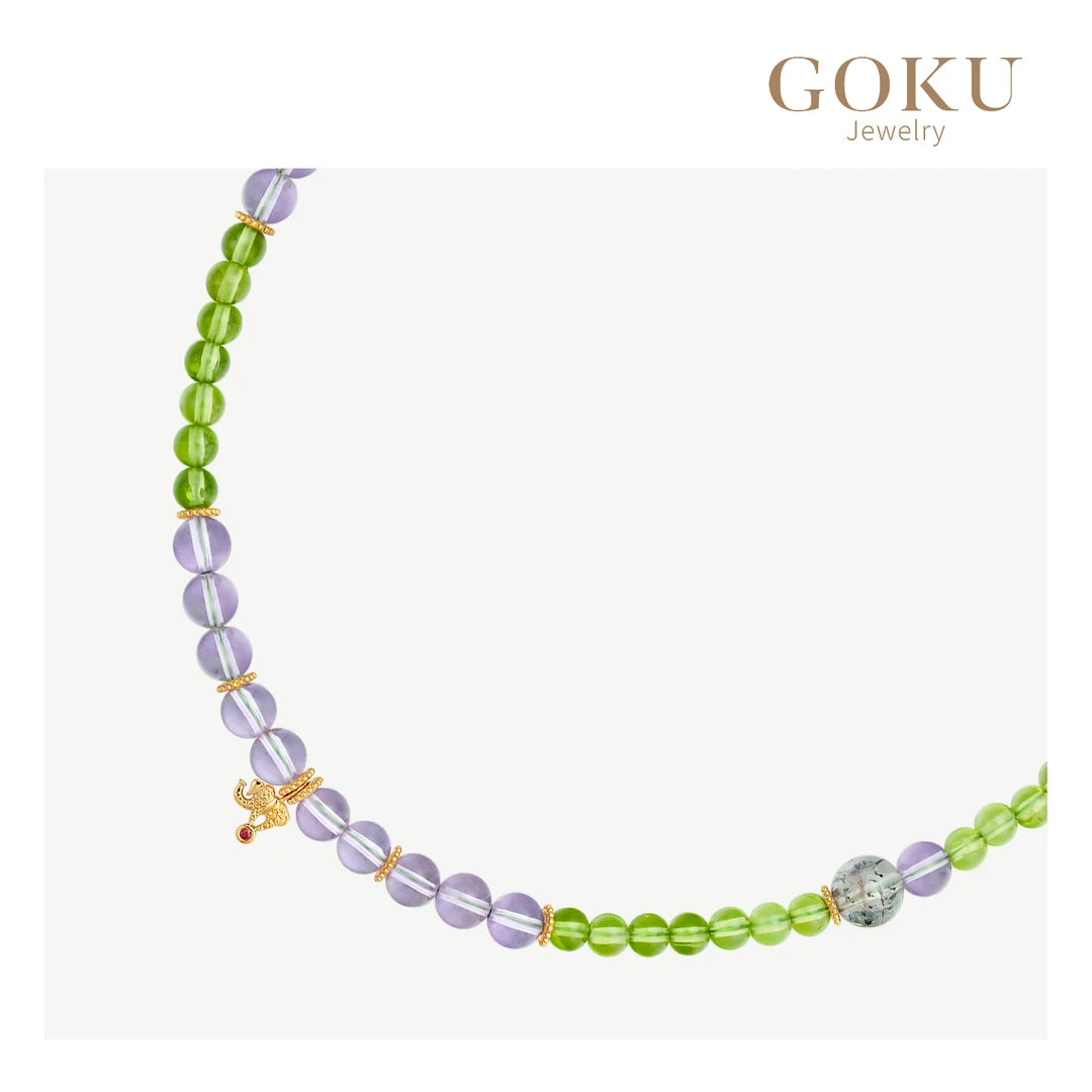 GOKU「马戏团」18K金项链女橄榄石紫水晶串珠超七水晶K金小象串珠