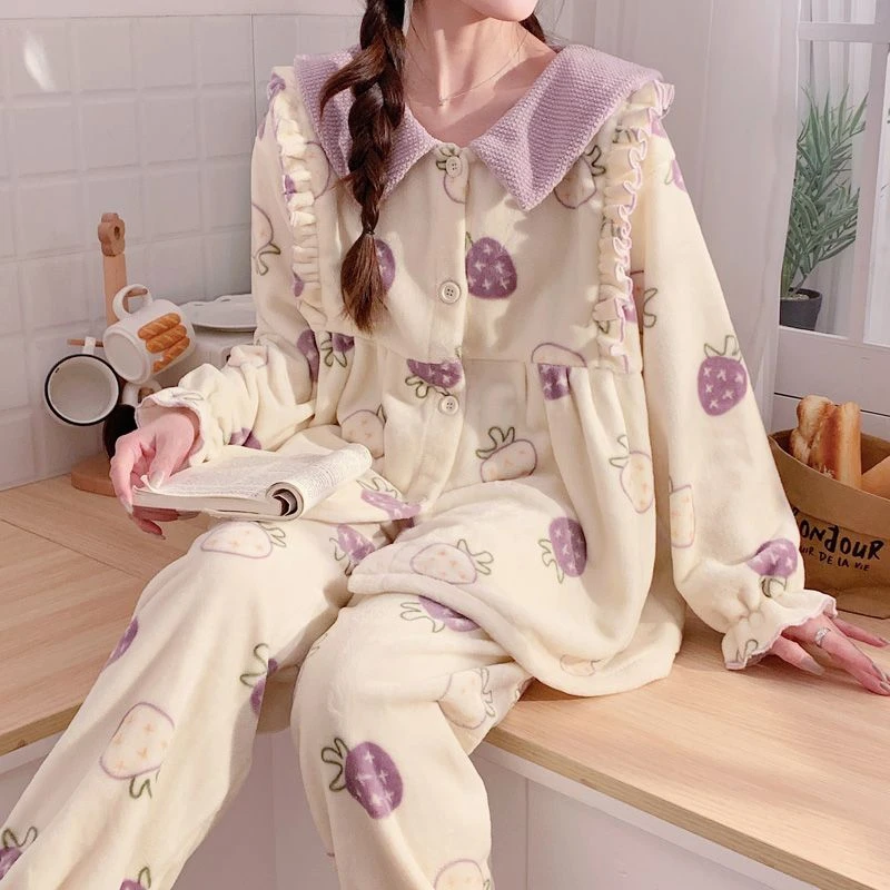 月子服冬季产后加厚加绒珊瑚绒法兰绒大码孕妇睡衣怀孕期哺乳喂奶