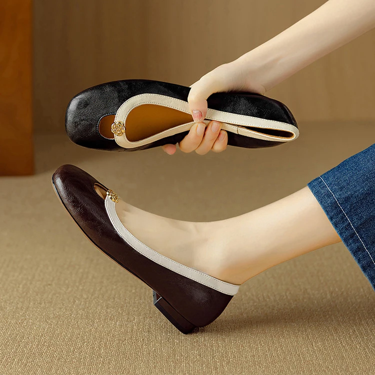 羊皮1.5cm通勤圆头单鞋百搭软底低跟复古拼色女鞋皮鞋春季方头