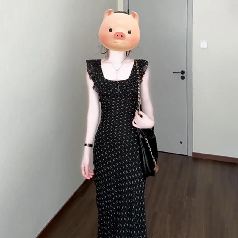 【现货+运补】黑色小飞袖碎花新款设计感收腰显瘦长裙2564