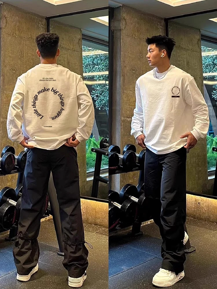 100%纯棉美式圆领长袖T恤男士春秋款ins港风t恤衫男生t恤休闲男款
