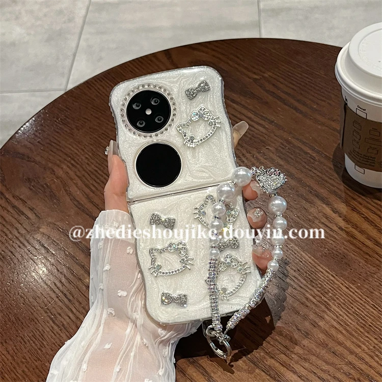 适用华为pocket2手机壳闪钻蝴蝶结猫咪链条p50pocket折叠保护壳女