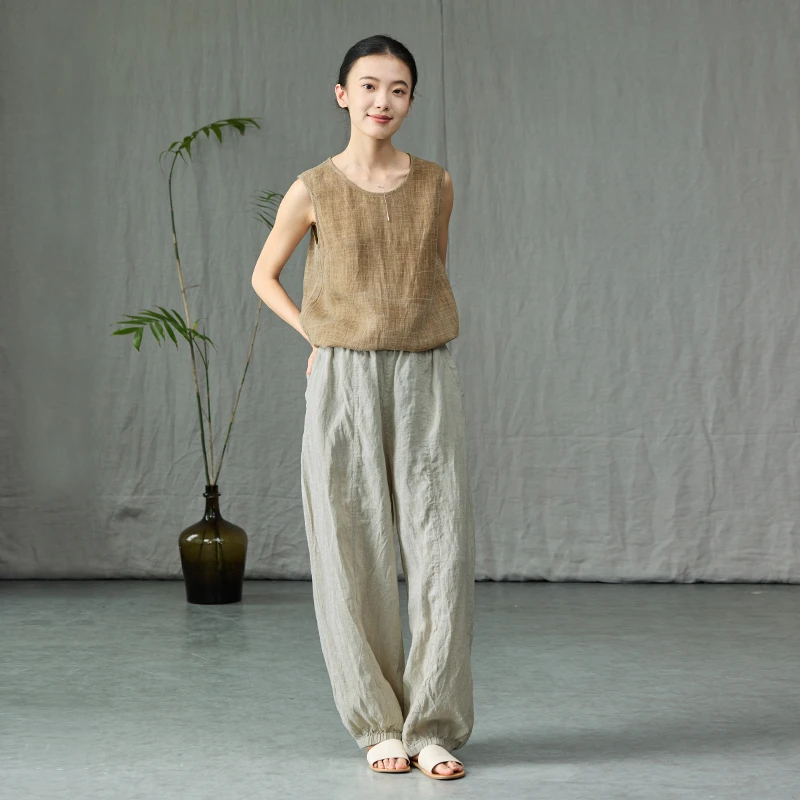 比利时进口雨露麻灯笼裤4504原麻色松弛好看亚麻休闲裤夏新款