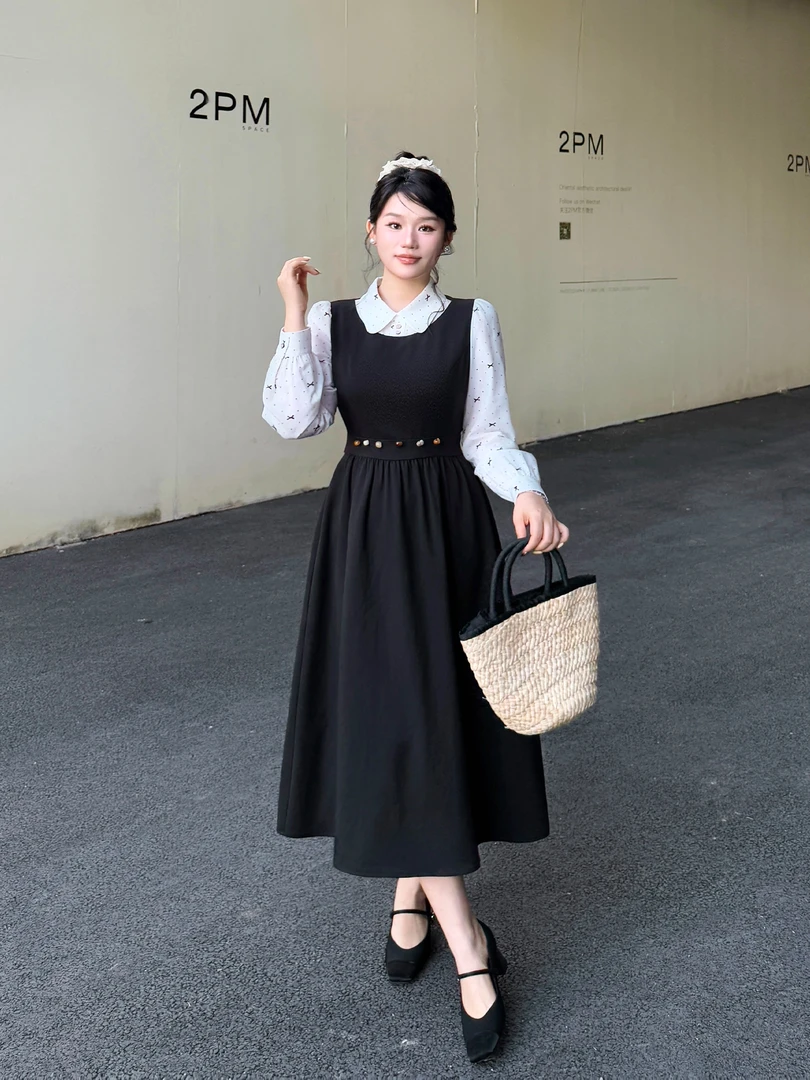 月半鱼【贝蒂蝴蝶结】法式风翻领假两件长款连衣裙春季拼接显瘦长裙