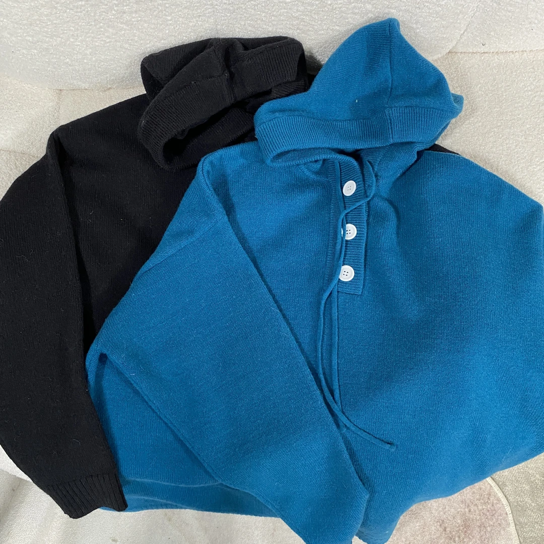 infobyfive福利冬季长袖纯色打底抽绳连帽扣子针织毛衣2DL2703