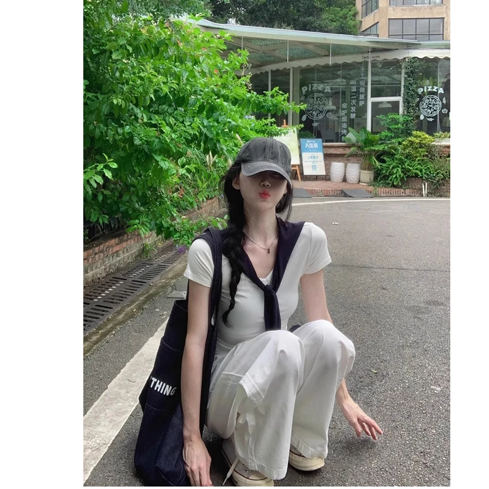 极简风白色V领短袖t恤女设计感假两件披肩短款上衣