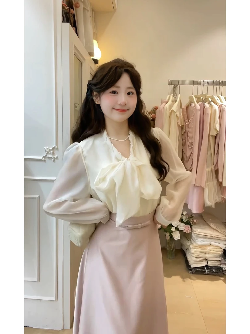 2025秋季新款通勤轻熟风穿搭法式衬衫上衣高腰修身半身裙两件套女