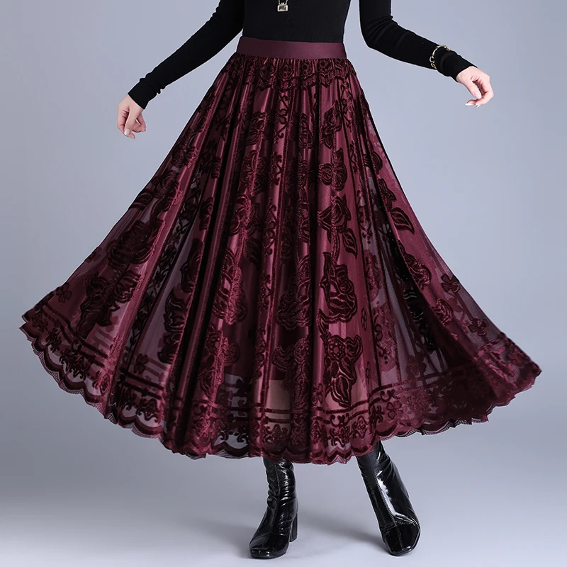 植绒蕾丝大摆裙半身裙女秋冬新款垂感遮胯a字裙松紧腰百褶长裙子