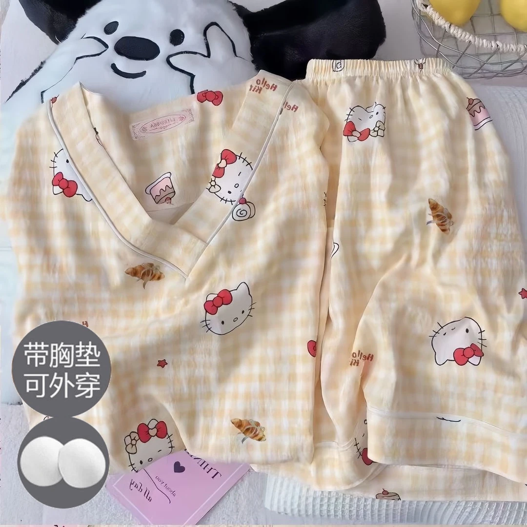 睡衣女夏季云朵棉短袖短裤带胸垫少女V领夏天可外穿家居服女套装