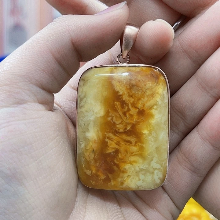 蜜蜡银S925镶嵌裸石吊坠