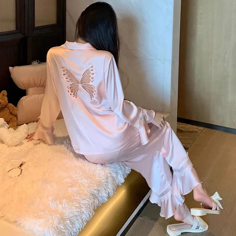 春季睡衣女春秋2024新款冰丝长袖蝴蝶甜美高级感可外穿家居服套装