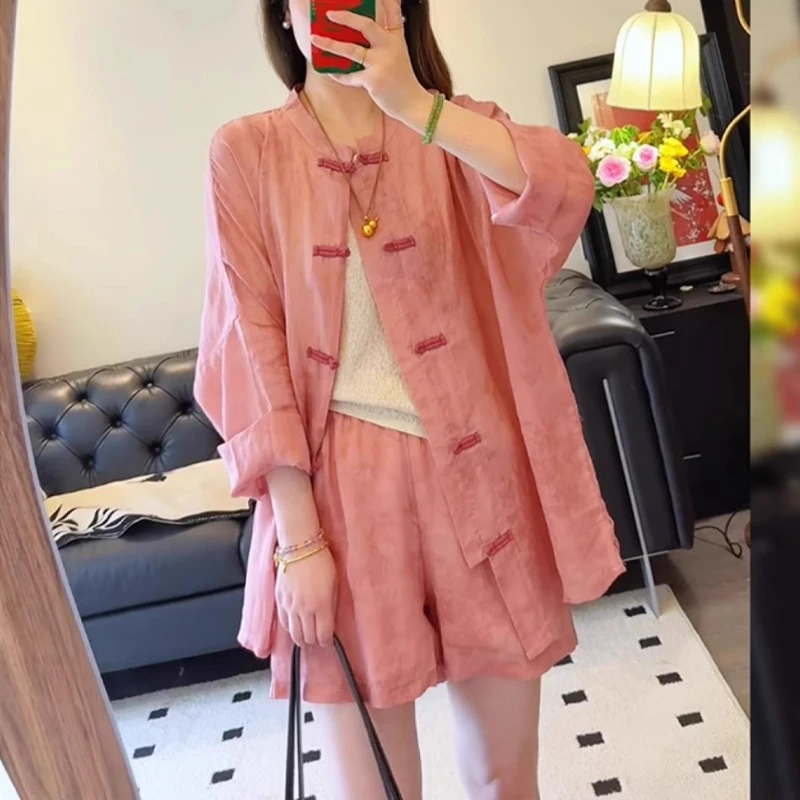 新中式女装桃粉色苎麻套装夏季衬衫配短裤国风禅意气质两件套