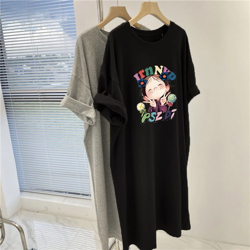 短袖连衣裙夏季设计2025MM宽松女夏新款休闲长裙T恤长款过膝裙子