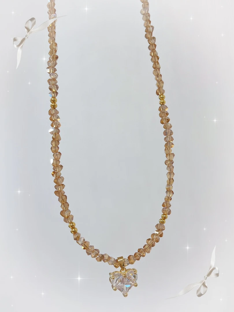 钛钢仿水晶项链 2792钛钢高级感香槟晶晶爱心锁骨项链（链长45）