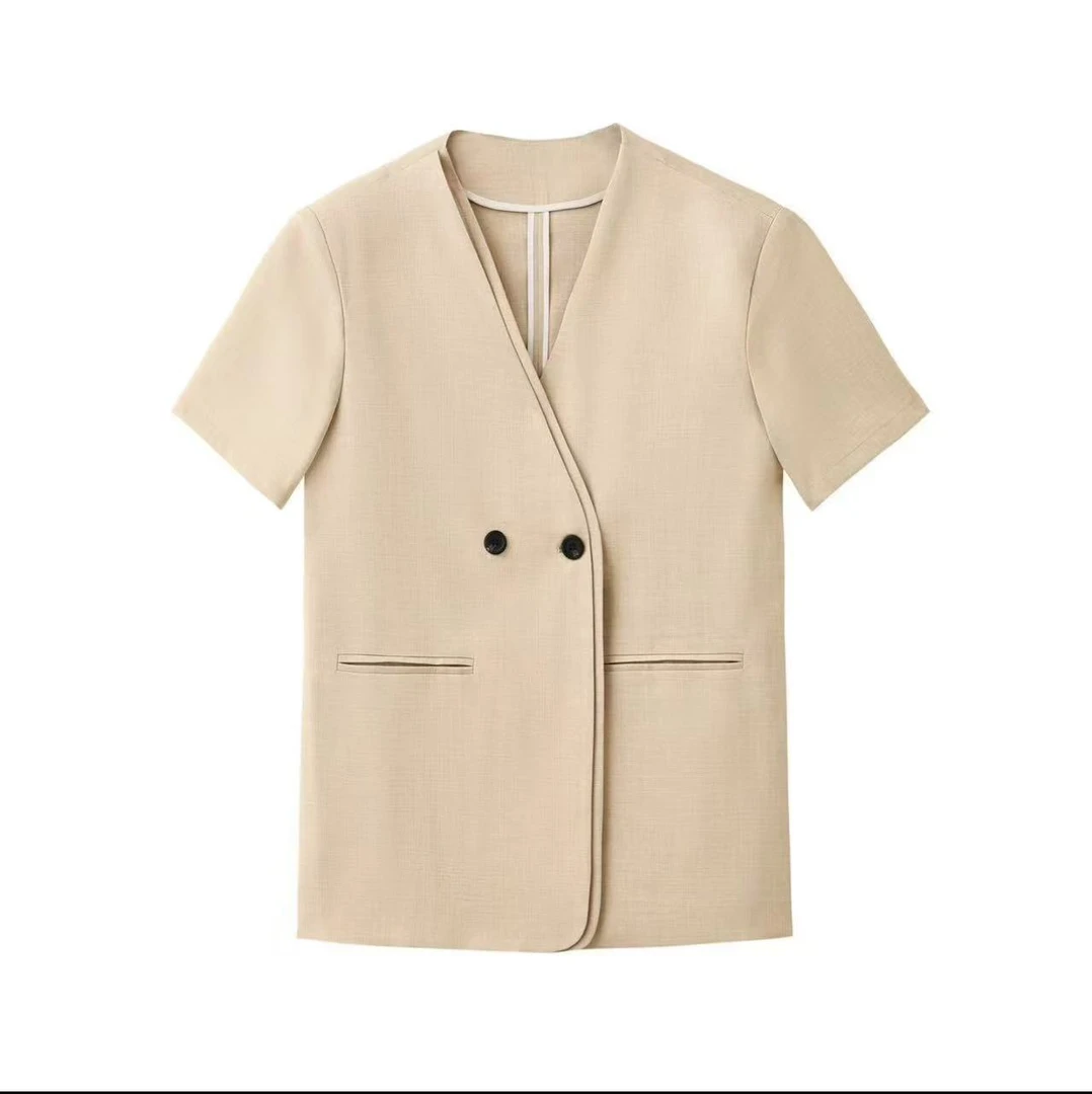 【专属简沐双色麻V领西装】高级感外套女宽松百搭显瘦气质半袖上衣