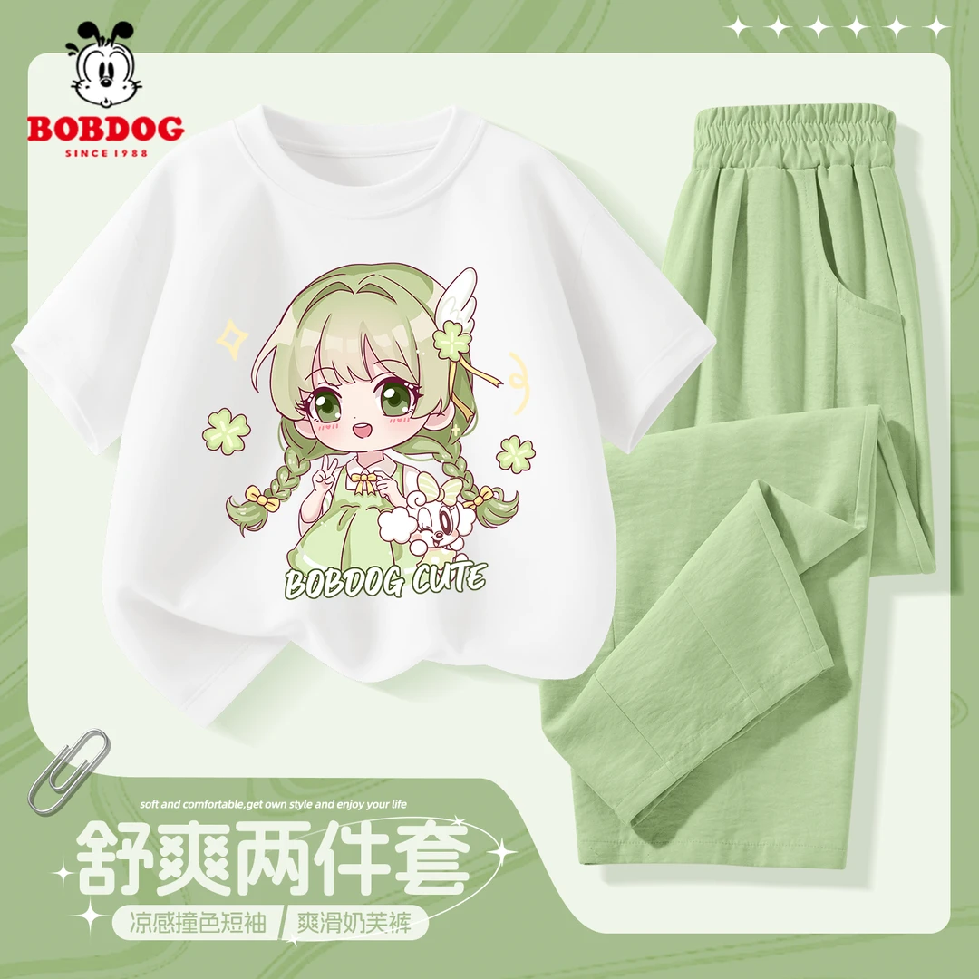 巴布豆卡乐女童夏套装2026新款夏季运动女孩短袖九分裤儿童衣服女