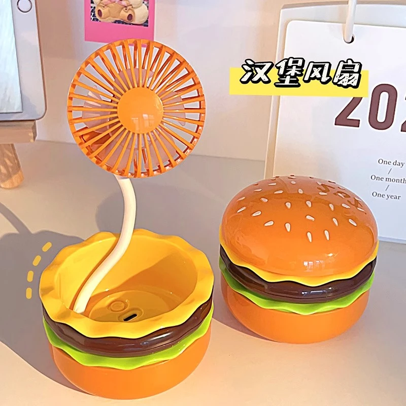61儿童节汉堡造型迷你小风扇玩具带镜子充电风扇便携桌面静音玩具