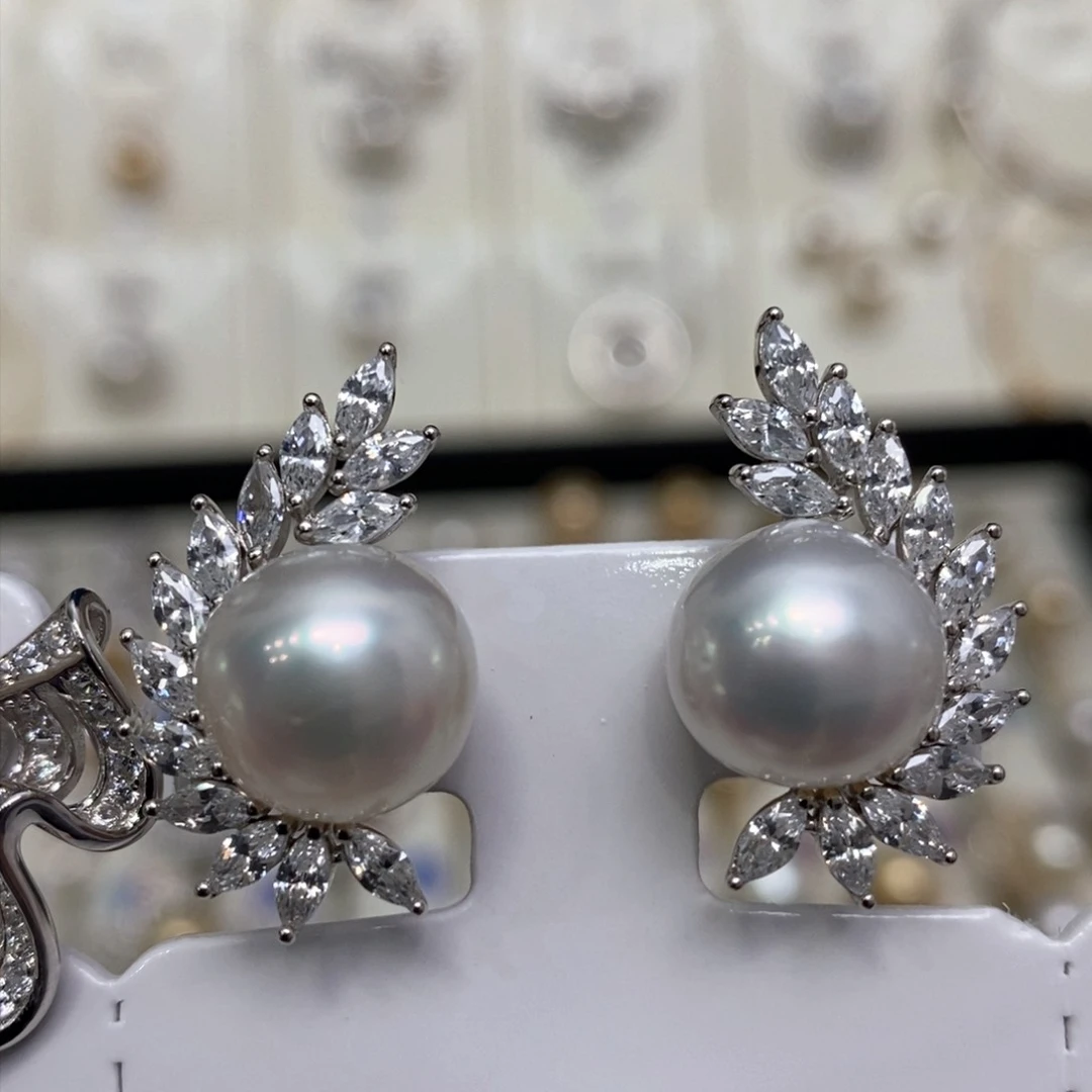 海水珍珠耳饰银S925镶嵌10-11宝石光，亏清